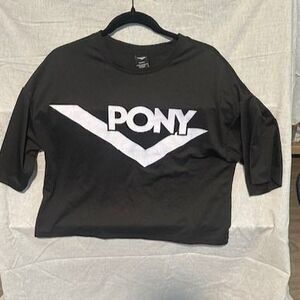 PONY Cropped T-Shirt Black Medium Athletic Loose Fit Stretch Tee RN #63619 MED